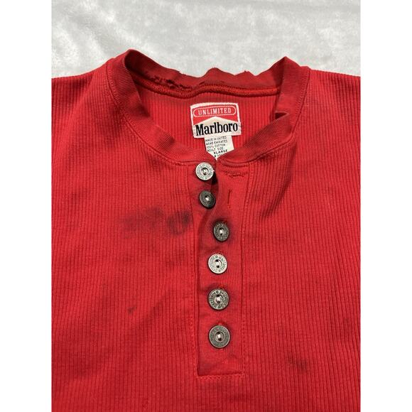 Vintage 90s Marlboro Red Henley Shirt Smoker Grunge Punk XL Cigarette Thrashed - Picture 9 of 16